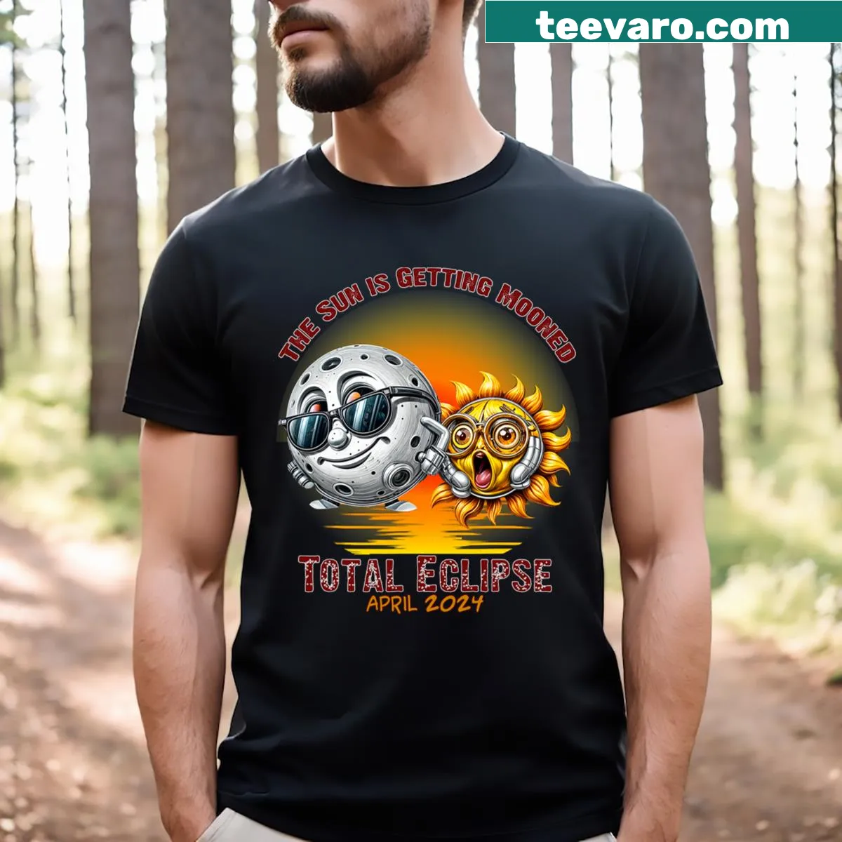 T-shirt with playful eclipse design and the phrase 'Sun Is Getting Mooned' — on a men's t-shirt