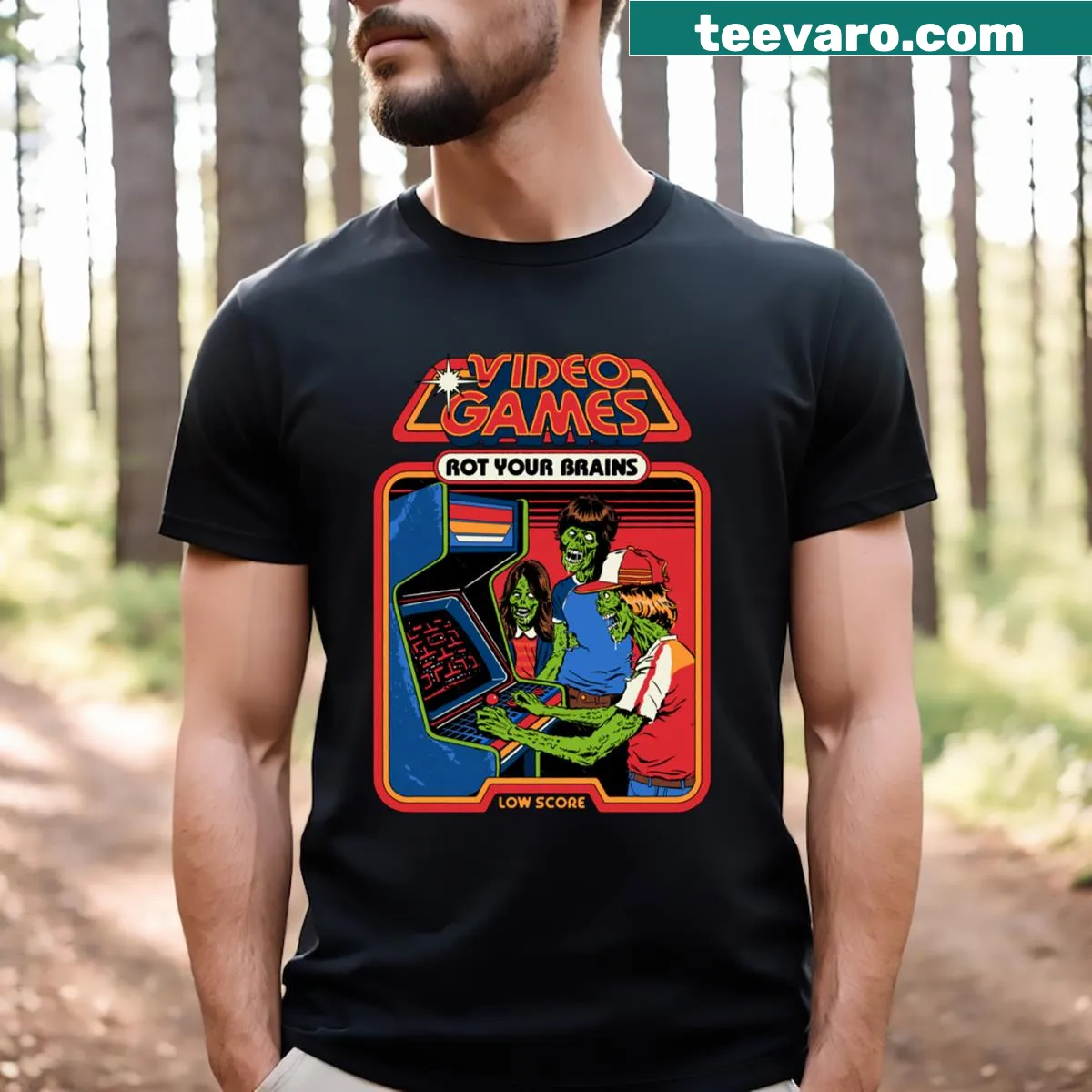 Humorous T-shirt with the phrase 'Video Games Rot Your Brains' in bold text — on a men's t-shirt