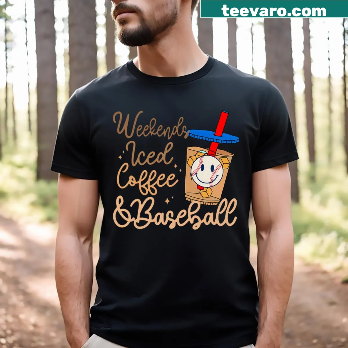 T-shirt for baseball moms featuring coffee and baseball-themed humor. — on a men's t-shirt
