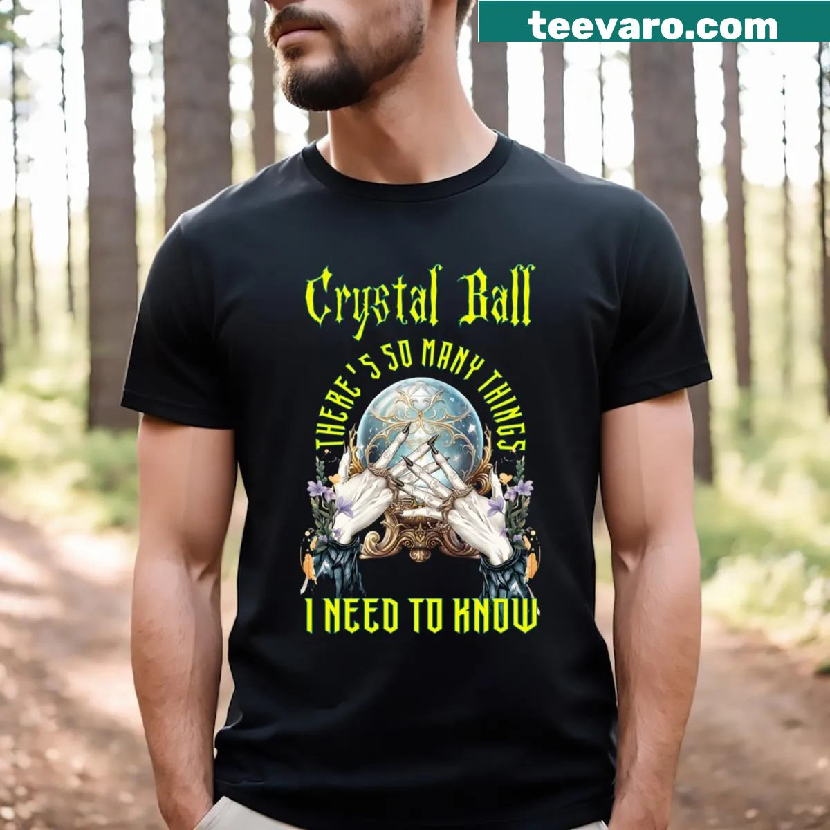 Witchy T-shirt featuring crystal ball design and text — on a men's t-shirt