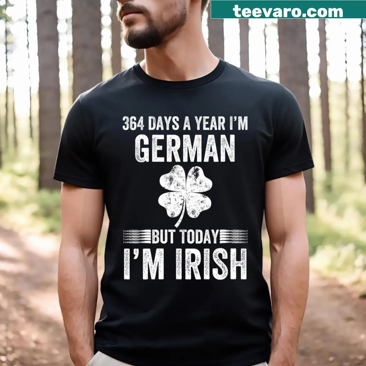 V-neck T-shirt with the phrase 364 Days I'm German But Today I'm Irish for St. Patrick's Day. — on a men's t-shirt