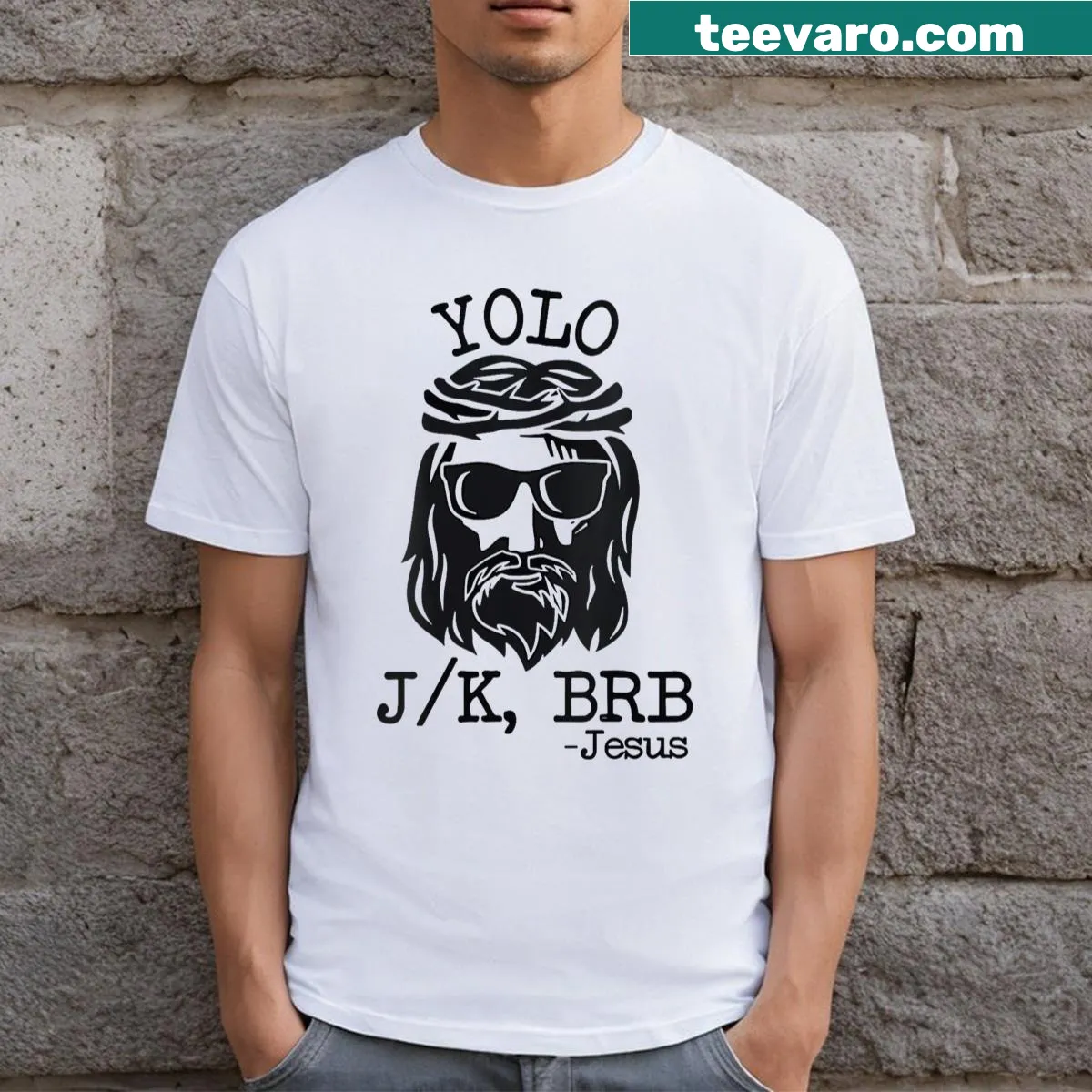 Vintage Christian V-neck tee with humorous phrases for Easter. — on a men's t-shirt