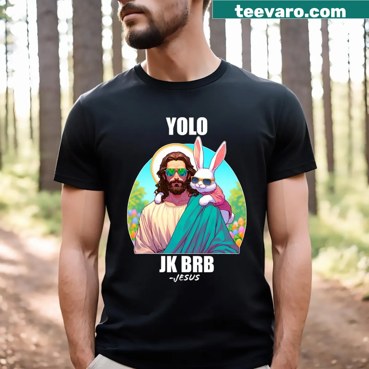 Funny Easter tee with 'Yolo Jk Brb Jesus' slogan. — on a men's t-shirt