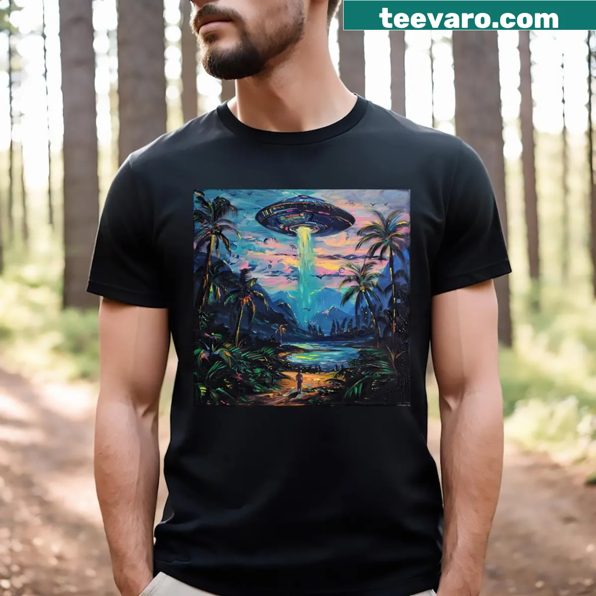 Illustration depicting themes of abduction on a t-shirt — on a men's t-shirt
