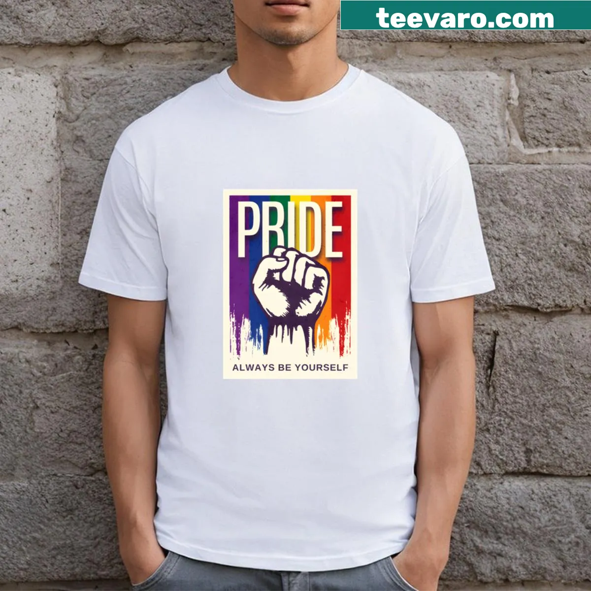 Pride flag themed T-shirt with an inspirational message — on a men's t-shirt
