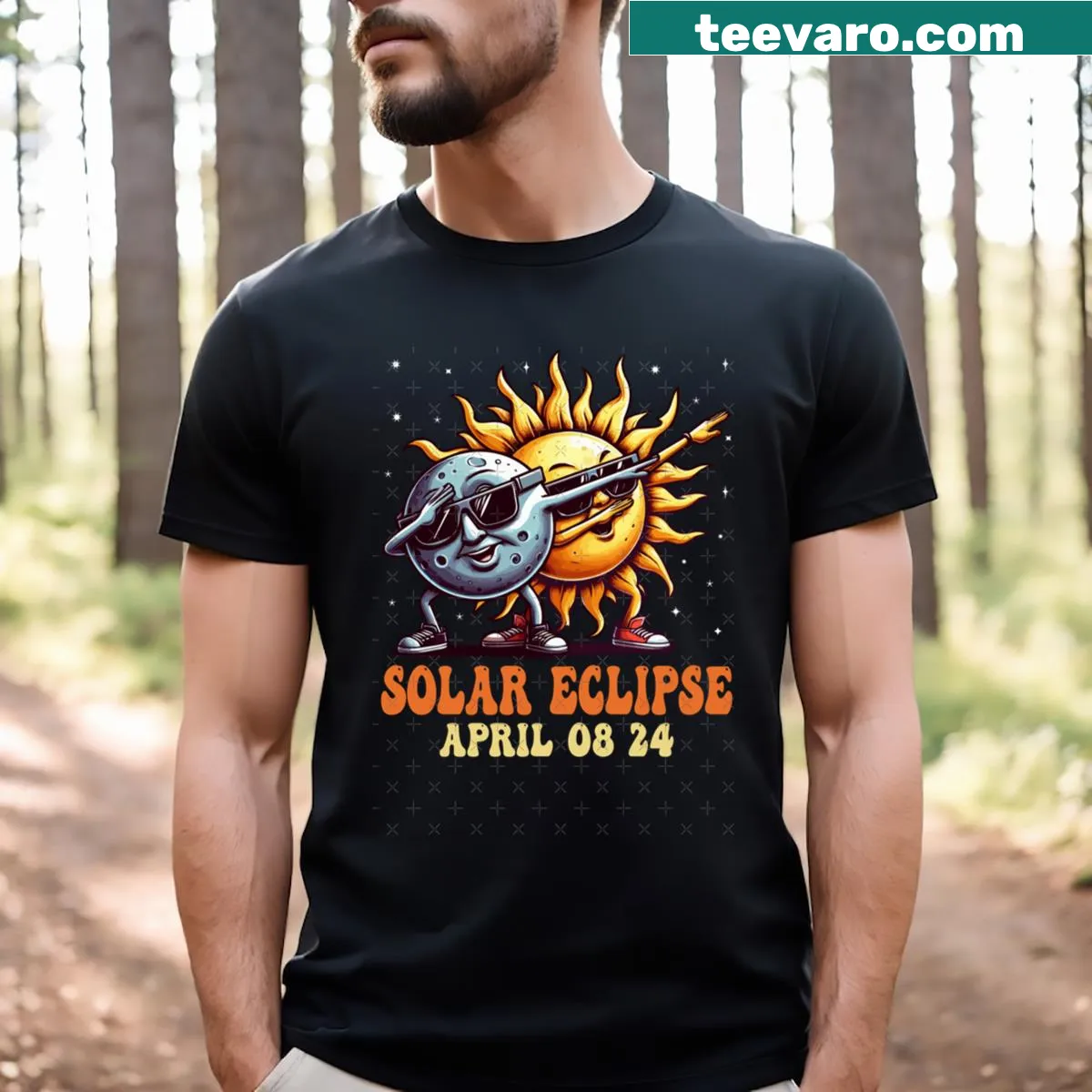 Cartoon T-shirt for kids featuring a solar eclipse theme — on a men's t-shirt