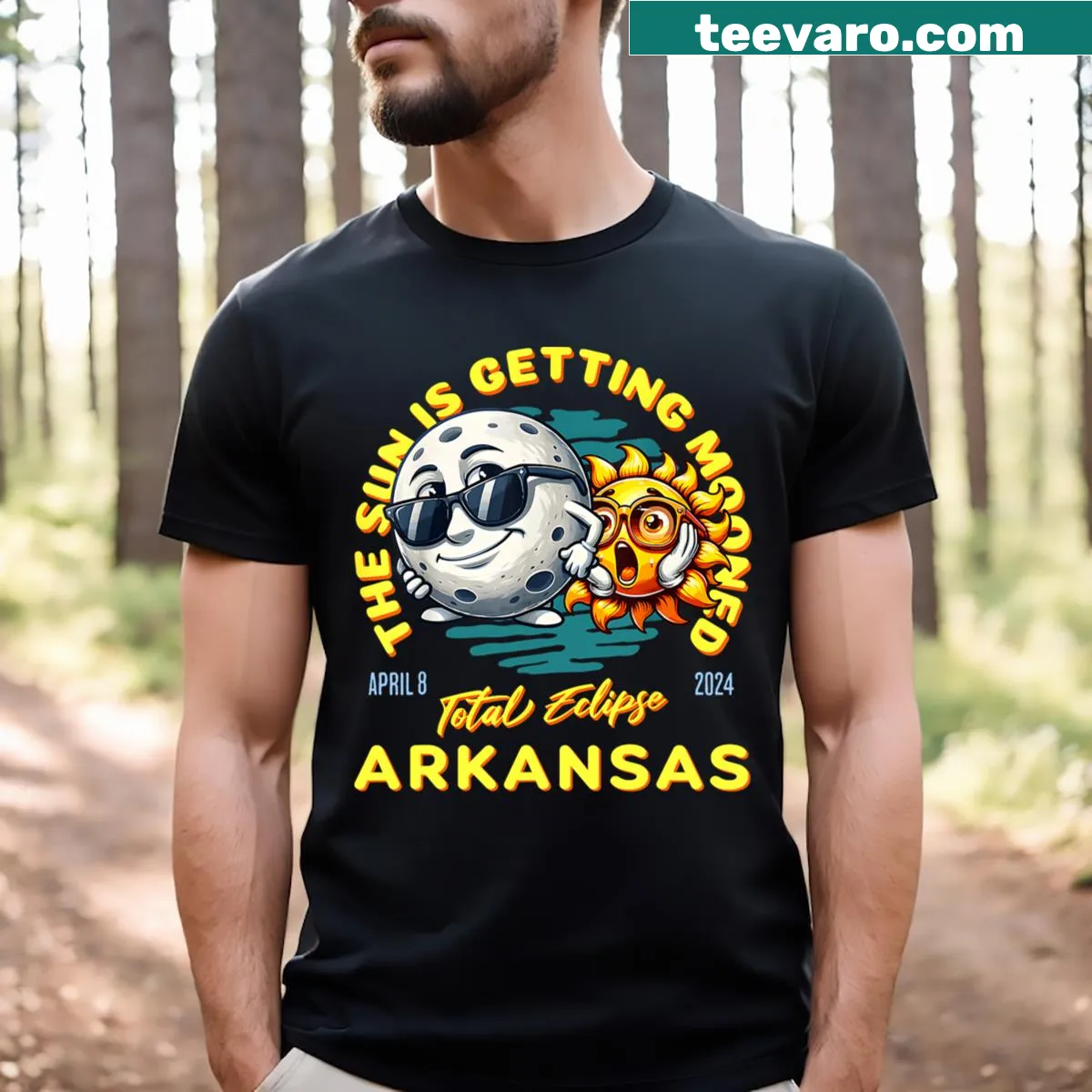 Whimsical T-shirt design for the April 2024 solar eclipse — on a men's t-shirt