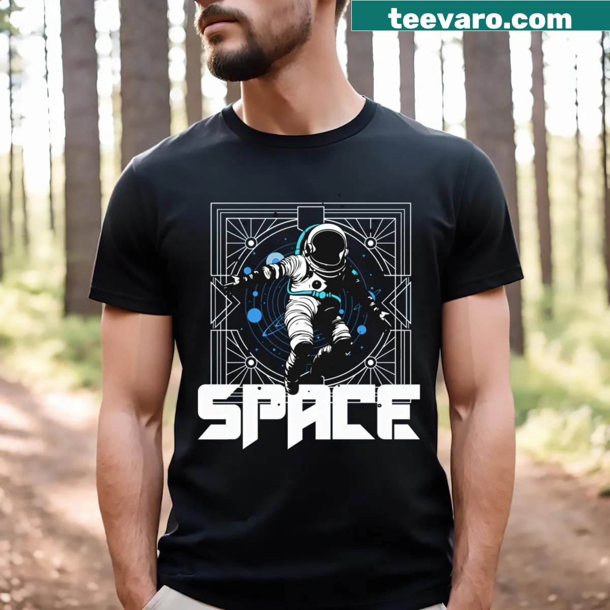 Dynamic astronaut graphic on a space-themed T-shirt — on a men's t-shirt