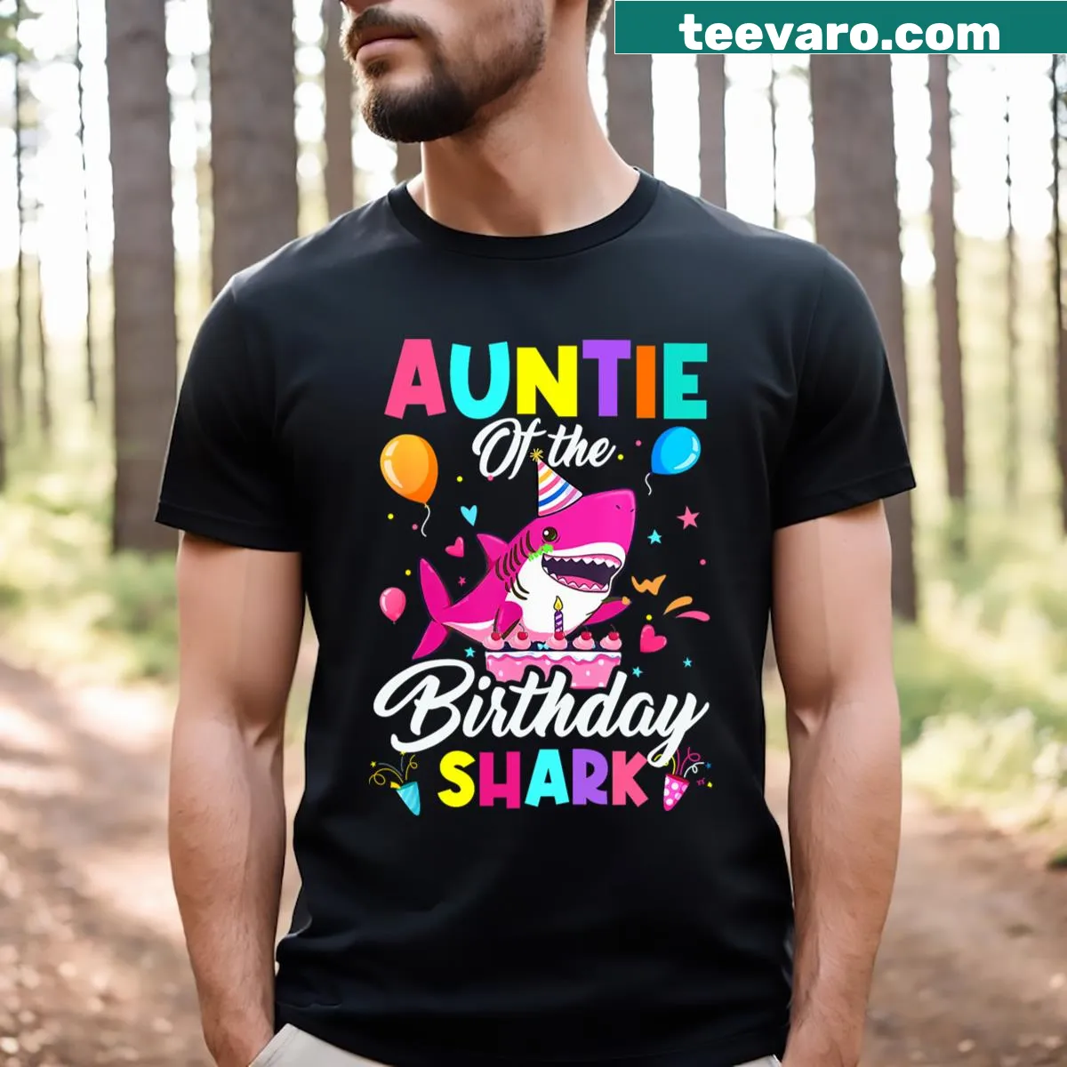 Cute t-shirt with a cartoon shark and 'Auntie Of The Shark' text — on a men's t-shirt