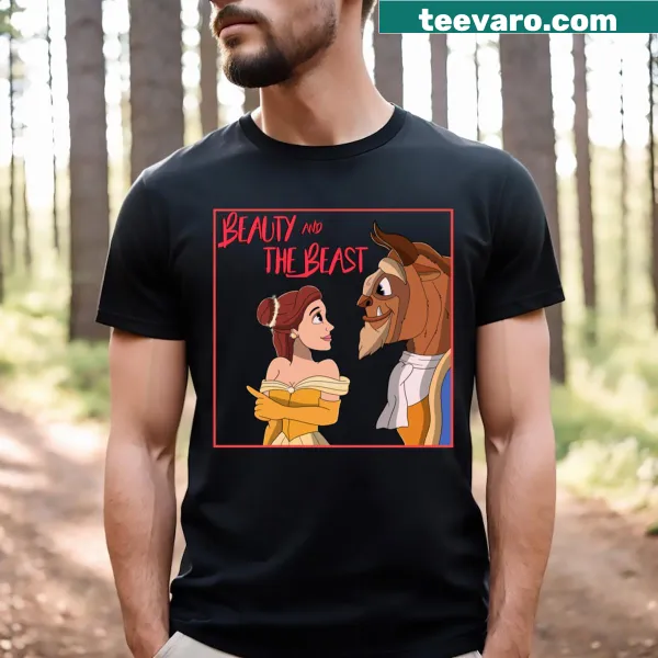 Cuphead style illustration of Belle and the Beast on a T-shirt