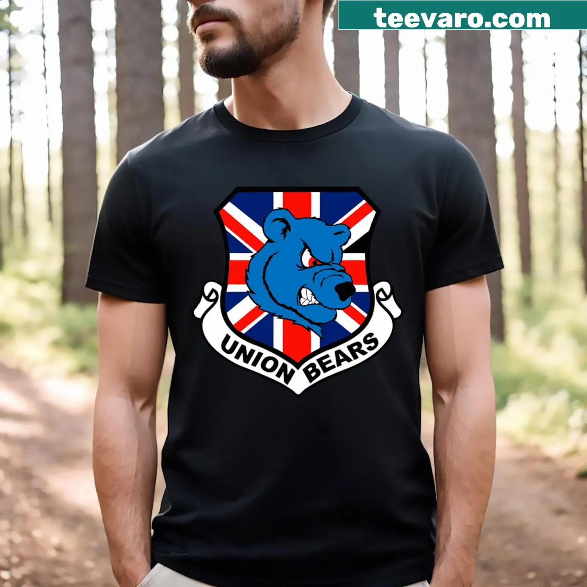 Humorous bear and garlic themed T-shirt design — on a men's t-shirt