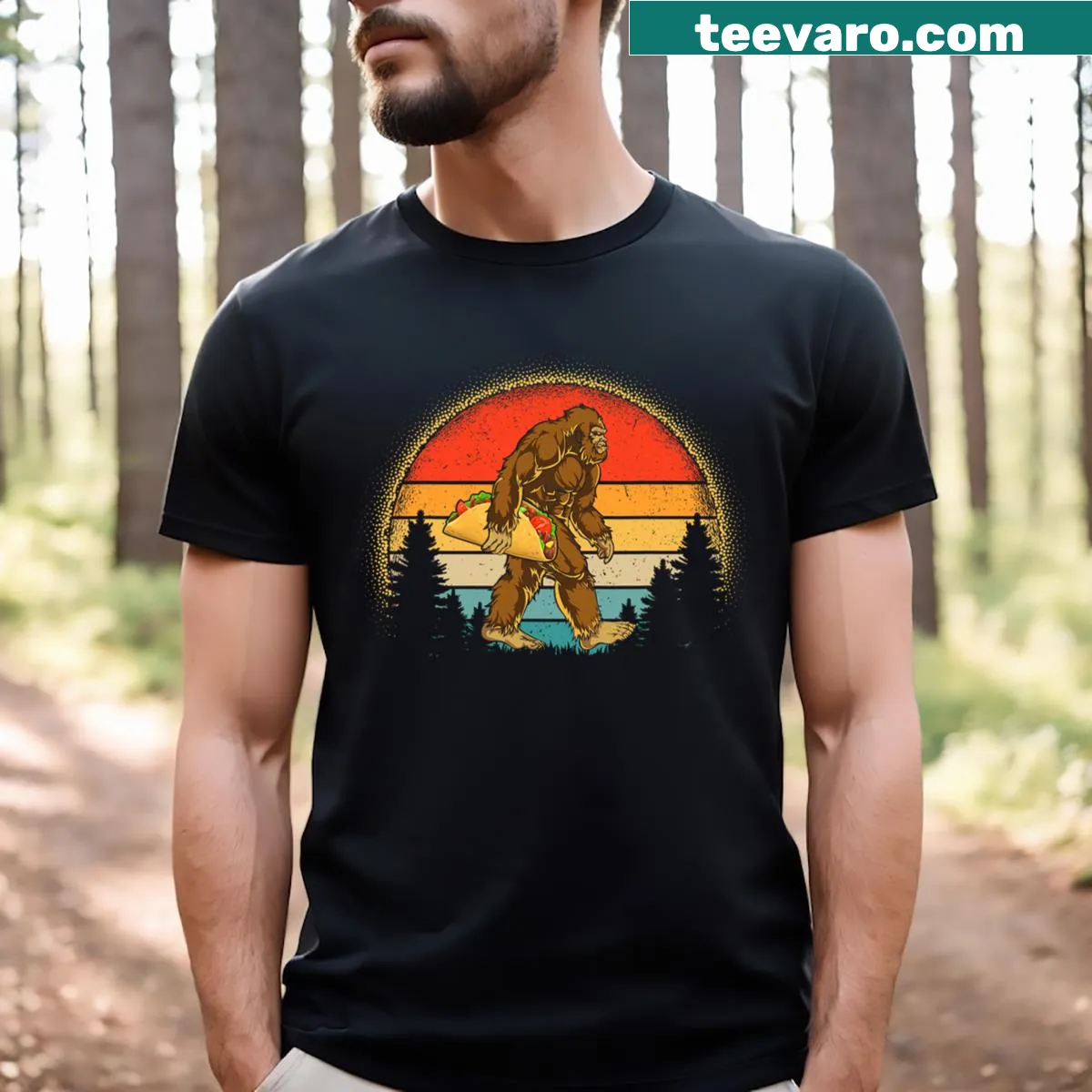 Funny T-shirt with Bigfoot carrying a taco for Cinco de Mayo — on a men's t-shirt