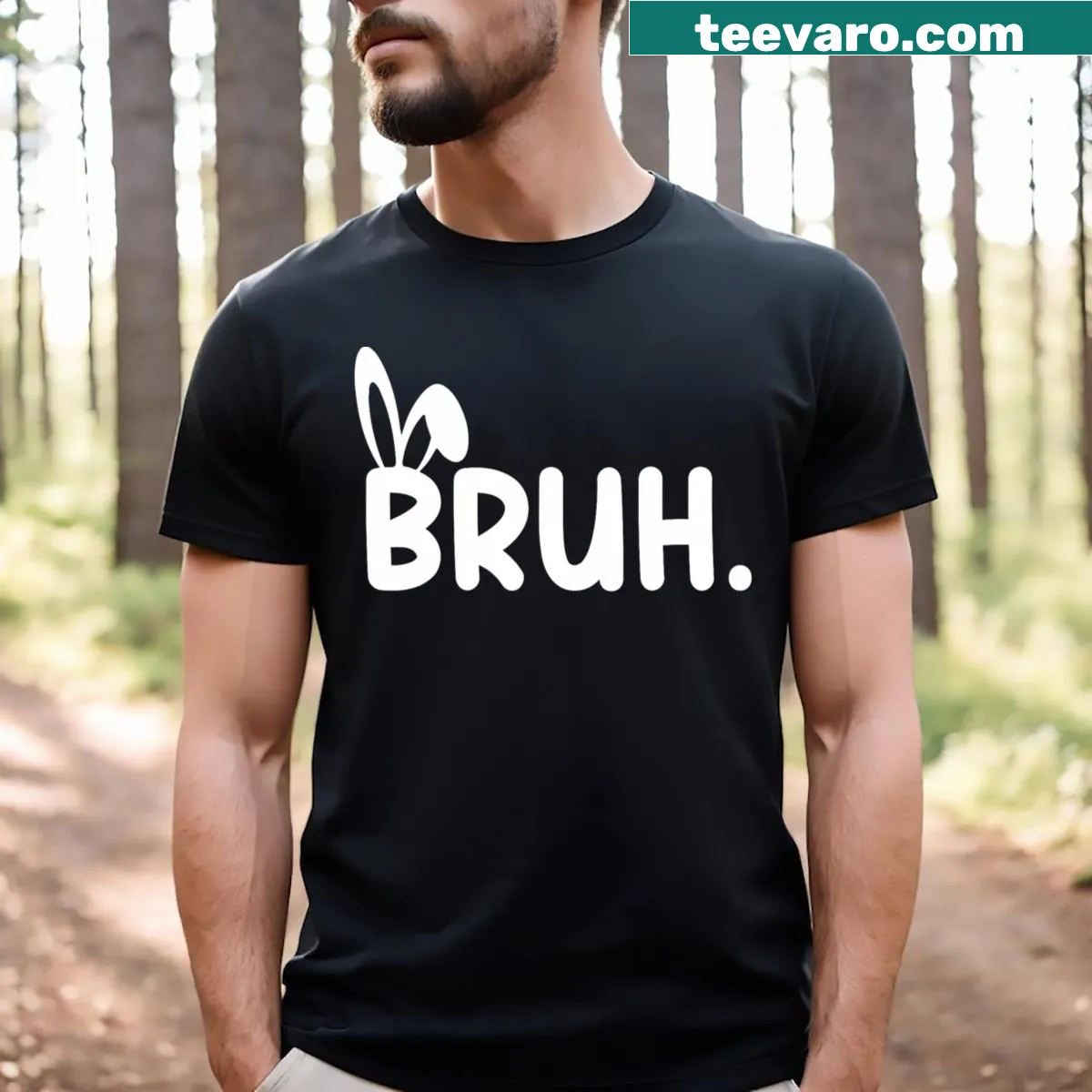 Funny Easter T-shirt featuring bruh meme and bunny graphics — on a men's t-shirt