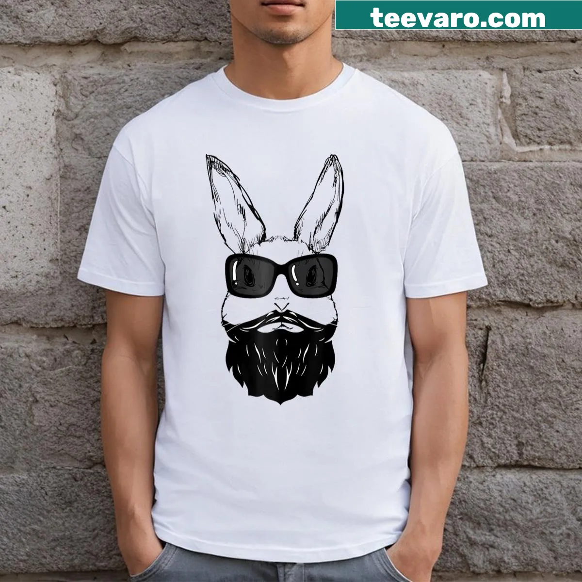 Funny Easter T-shirt featuring cool bunny face with sunglasses — on a men's t-shirt