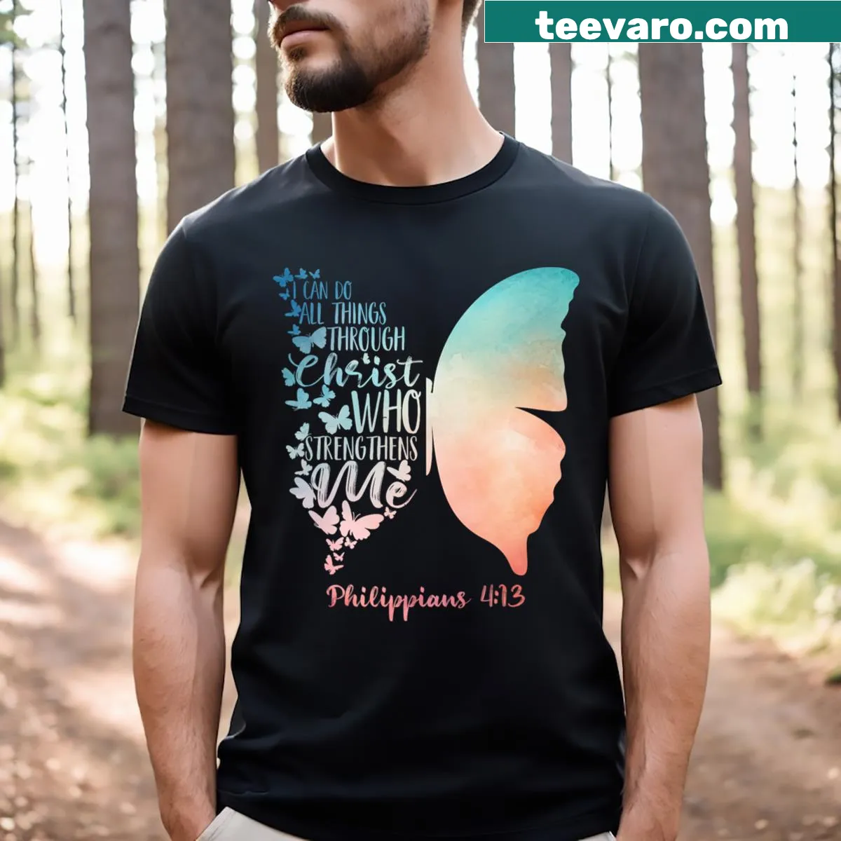Inspirational typography tee with faith-based quote about strength — on a men's t-shirt