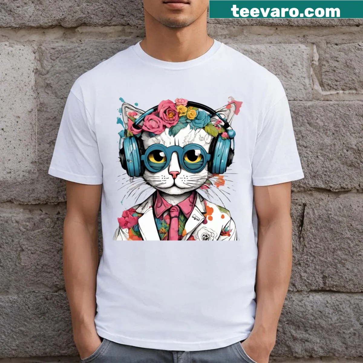 Illustrated cat with headphones enjoying music on t-shirt — on a men's t-shirt