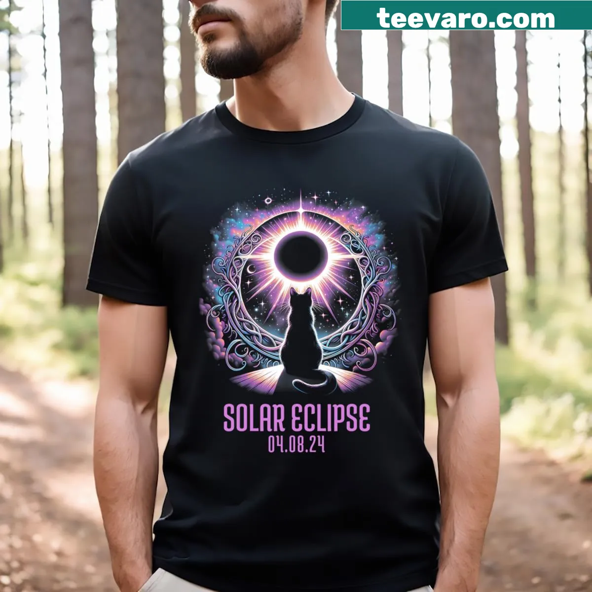 Illustration of a cat watching a total solar eclipse on a T-shirt — on a men's t-shirt