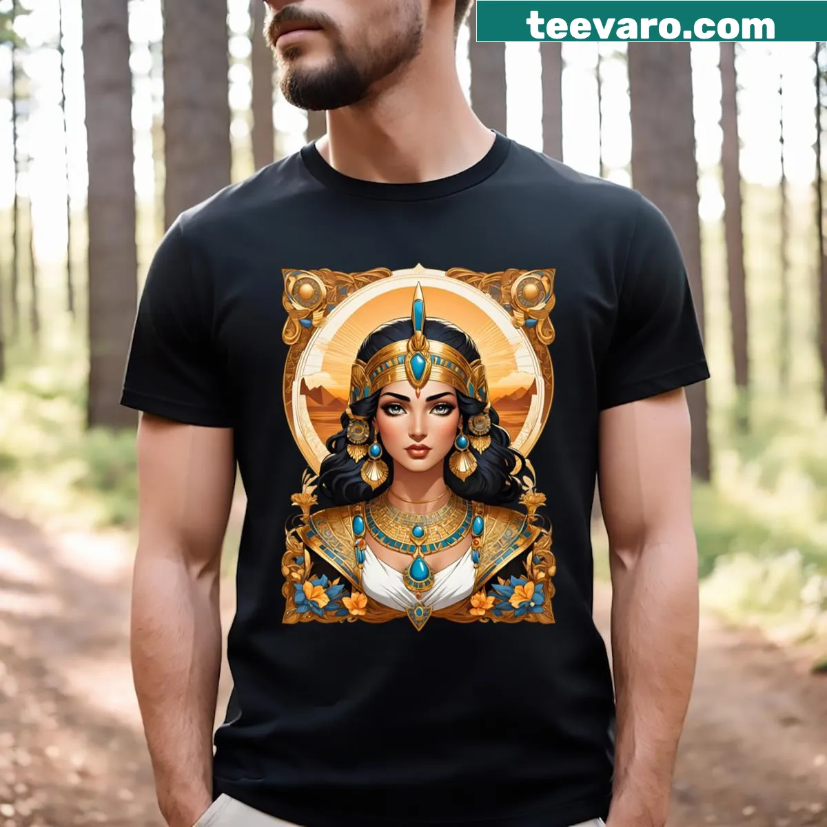 Retro T-shirt featuring a cartoon design of Cleopatra — on a men's t-shirt