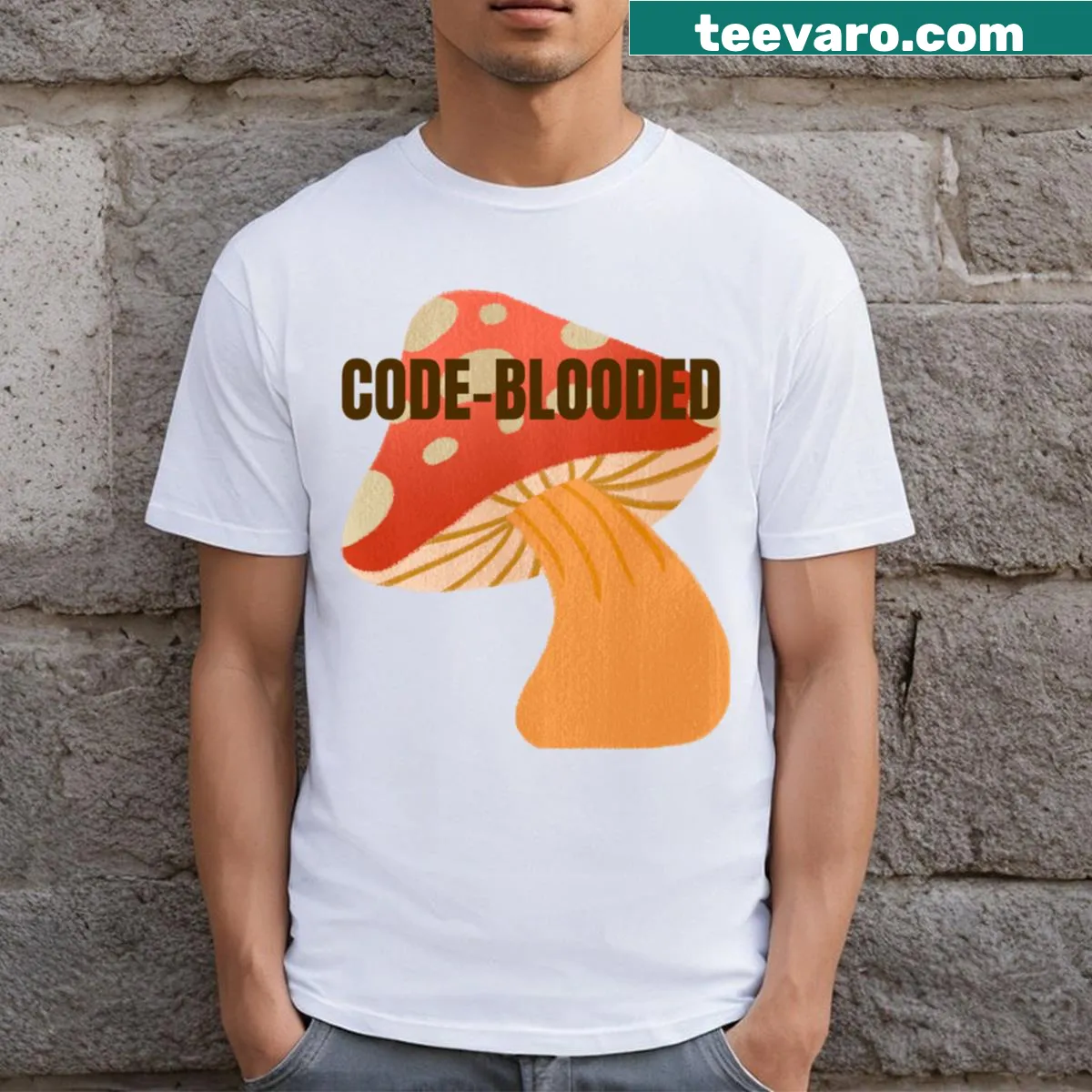 T-shirt with a playful 'Code Blooded' typography design — on a men's t-shirt