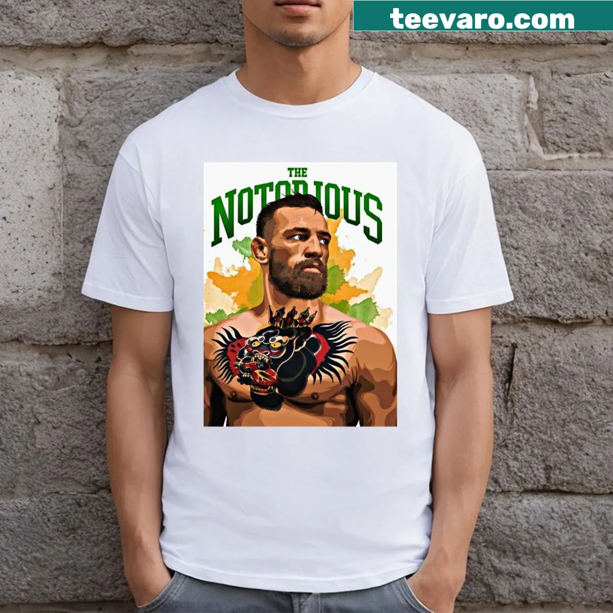 T-shirt featuring a bold graphic tribute to Conor McGregor — on a men's t-shirt