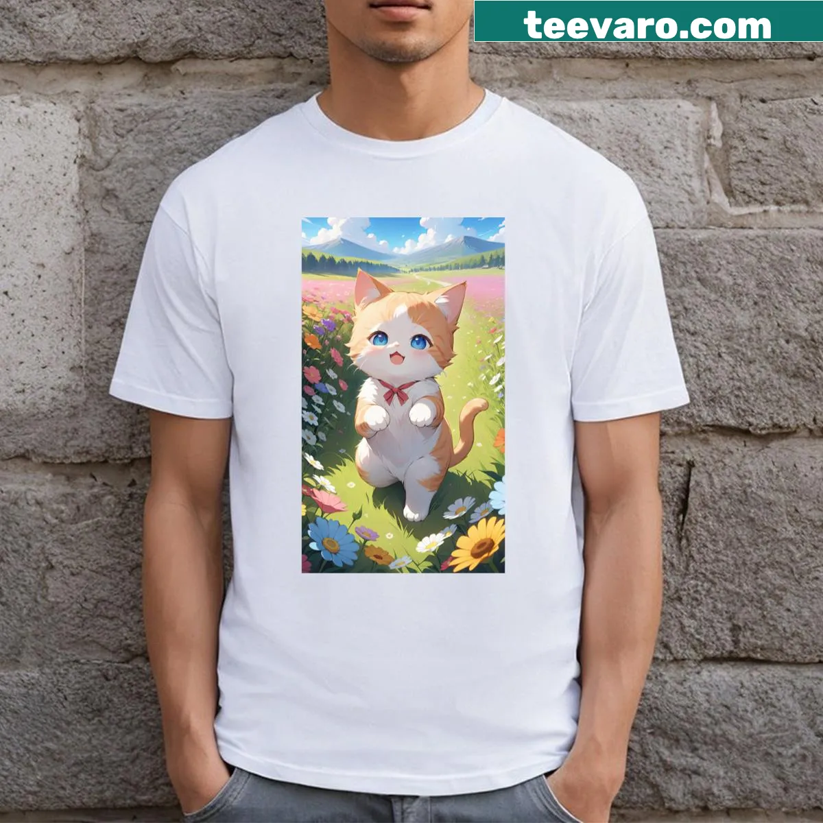 Adorable kitten graphic in a flower meadow on a t-shirt — on a men's t-shirt
