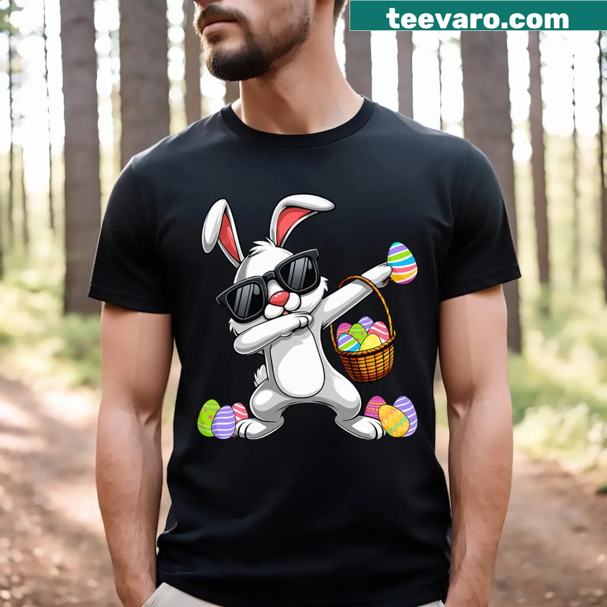 Dabbing rabbit with eggs design for Easter — on a men's t-shirt