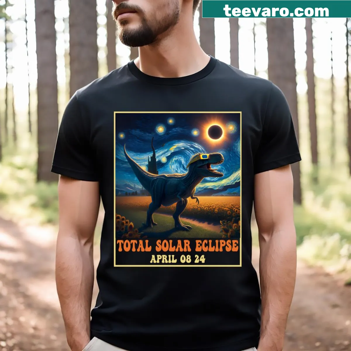 Dinosaur and Van Gogh-inspired solar eclipse art T-shirt — on a men's t-shirt