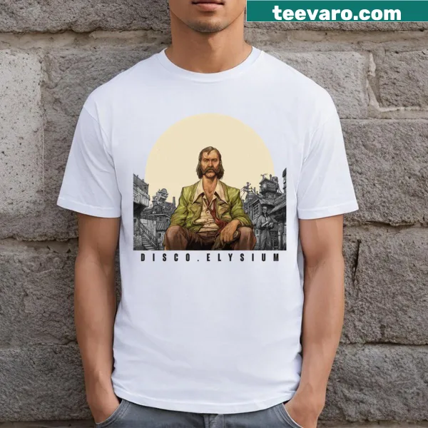 Playful Disco Elysium design on a gaming T-shirt