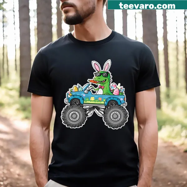 Cartoon dinosaur driving monster truck on Easter T-shirt