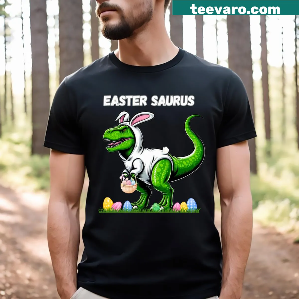 Easter Saurus typography design T-shirt — on a men's t-shirt