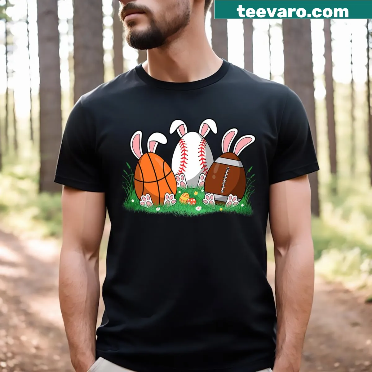 Sport-themed Easter t-shirt for boys featuring bunny and eggs — on a men's t-shirt