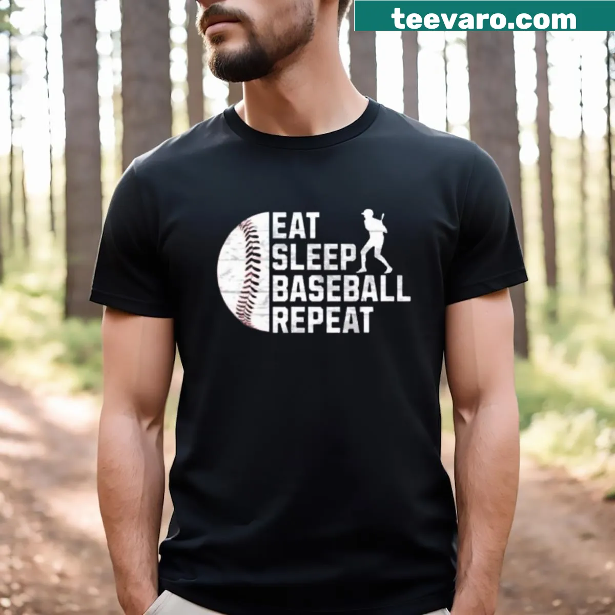 Funny baseball t-shirt with the phrase 'Eat Sleep Baseball Repeat'. — on a men's t-shirt