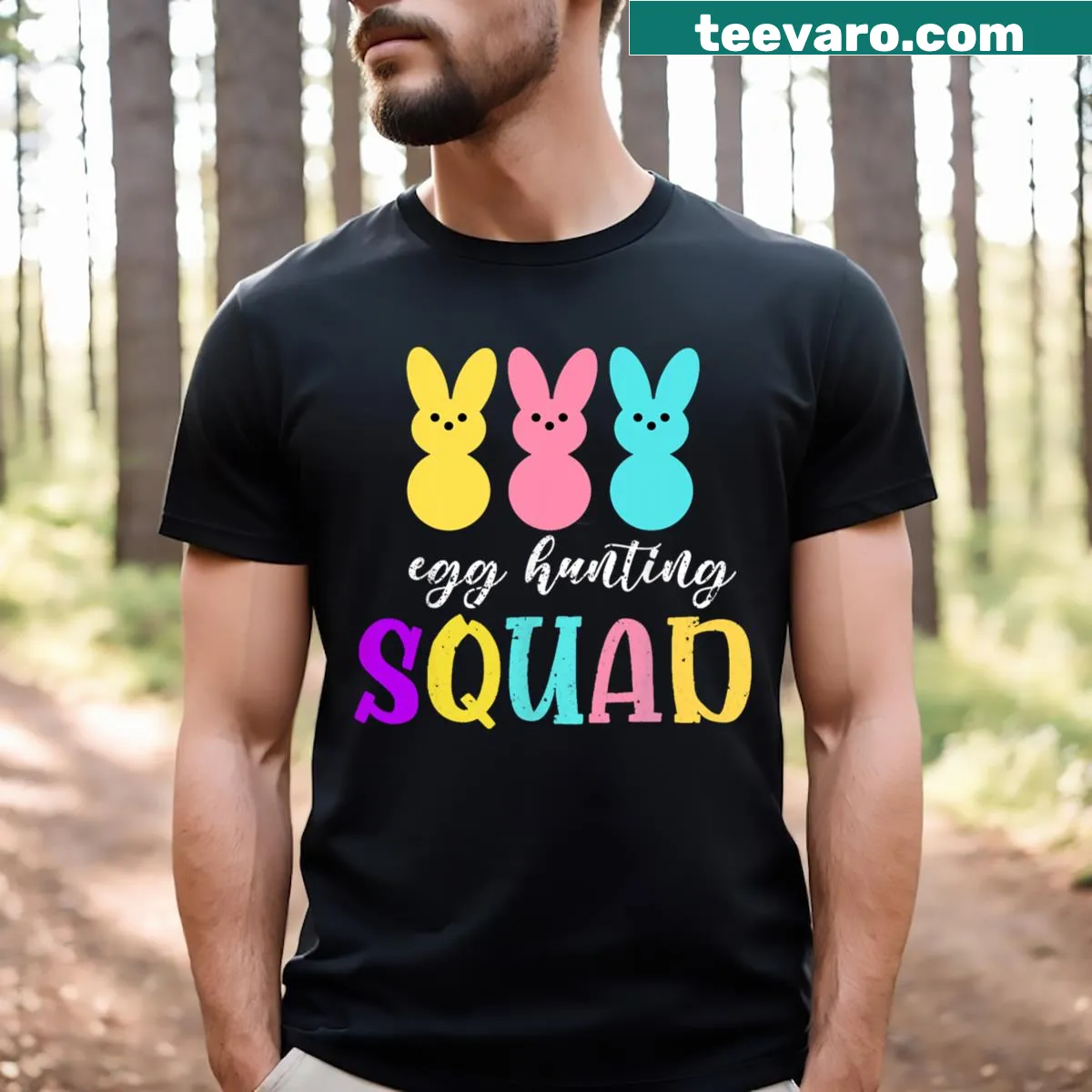 Funny Egg Hunting Squad graphic on a T-shirt — on a men's t-shirt