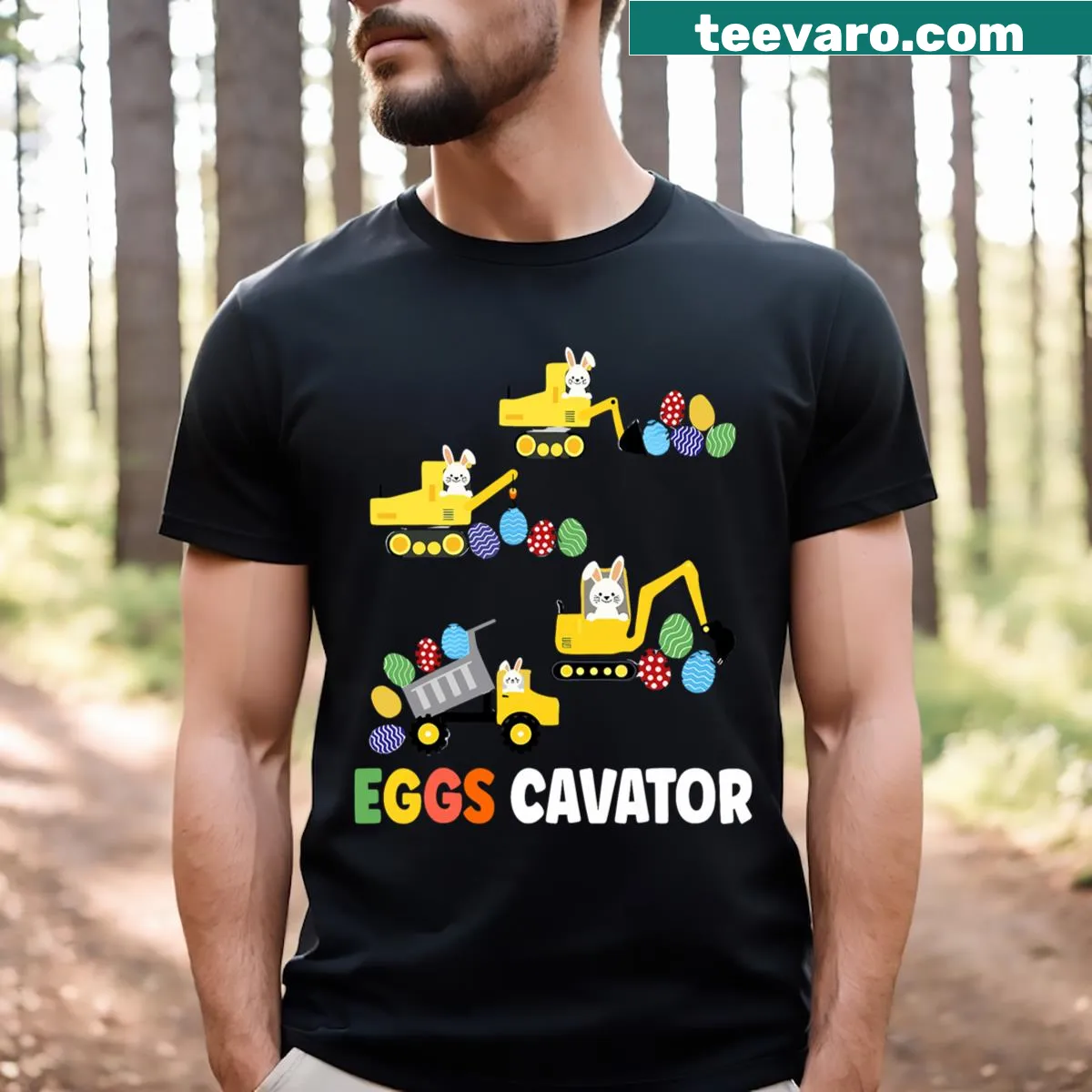 Kids T-shirt with Eggscavator bunny design for Easter — on a men's t-shirt