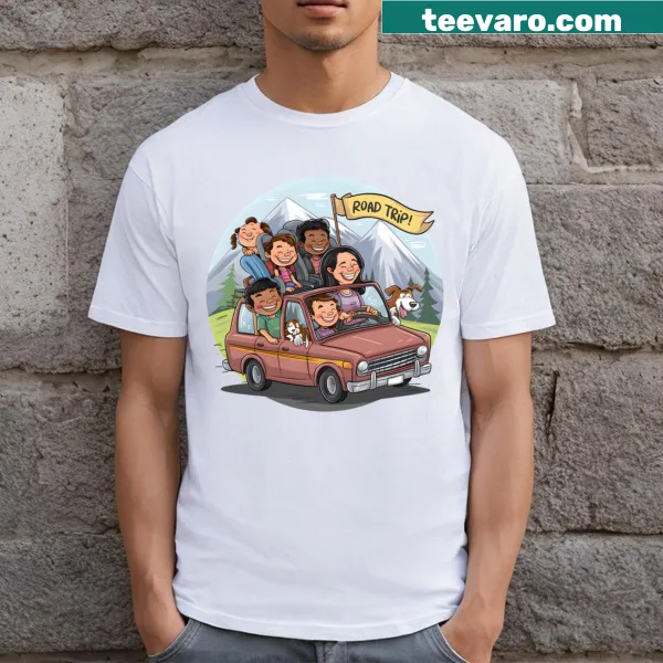 Cartoon family road trip scene on a T-shirt