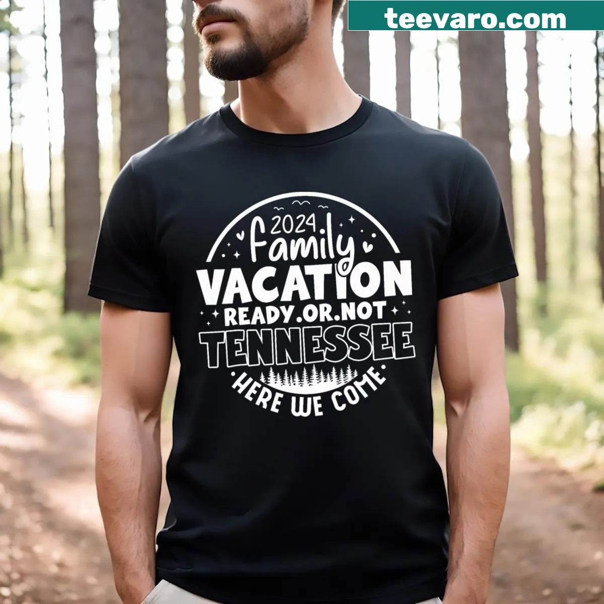 Humorous Family Vacation T-shirt with text Here We Come — on a men's t-shirt