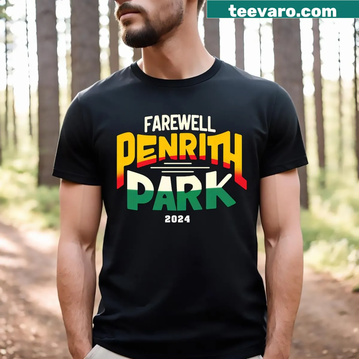 Vintage-style farewell T-shirt with 'Farewell Penrith Park 2024' text — on a men's t-shirt