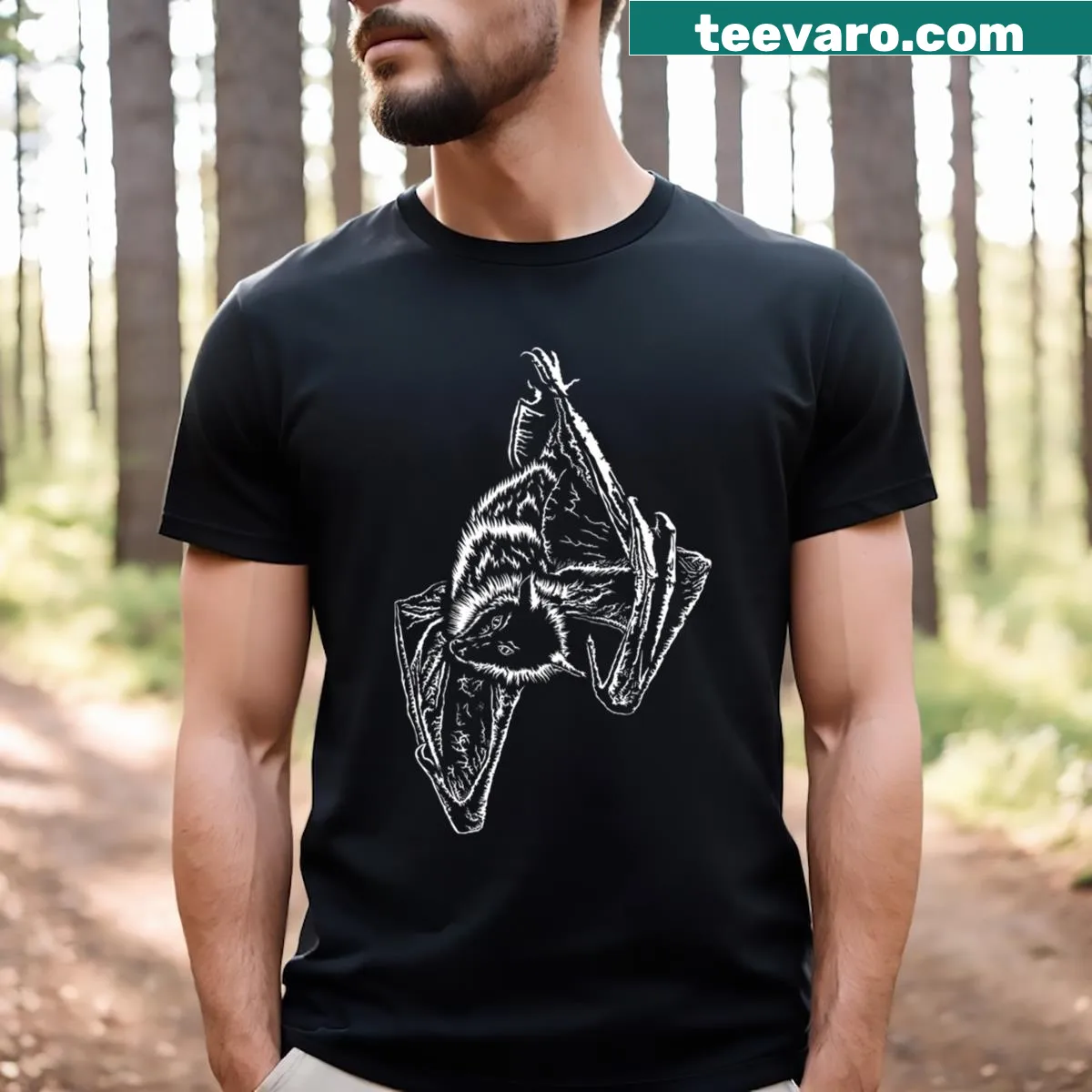 Illustrated t-shirt featuring a cute fruit bat — on a men's t-shirt