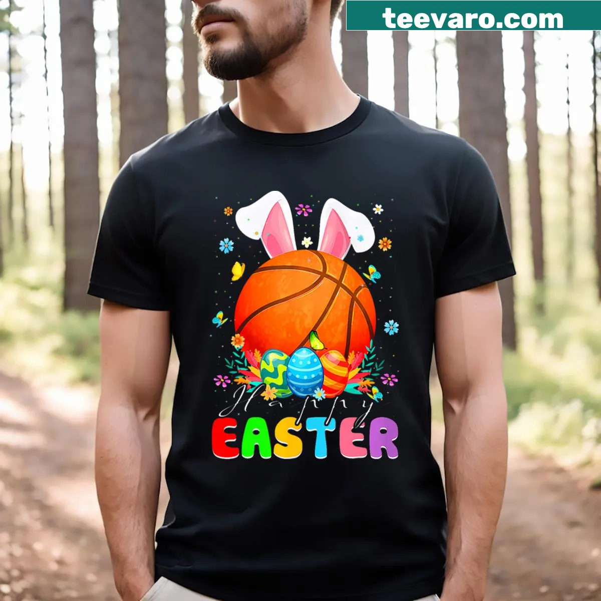 Cartoon t-shirt featuring a basketball with bunny ears for kids — on a men's t-shirt