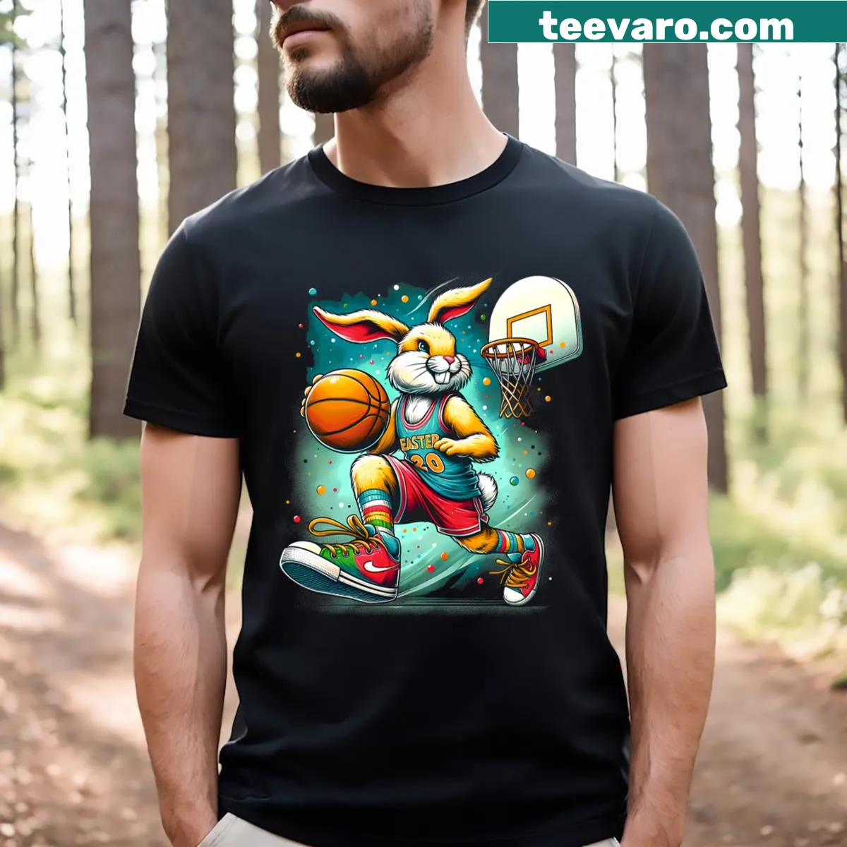 Cartoon bunny playing basketball on an Easter-themed t-shirt — on a men's t-shirt