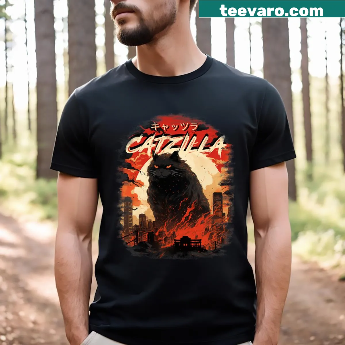 Graphic of a humorous cat monster labeled 'Catzilla' — on a men's t-shirt