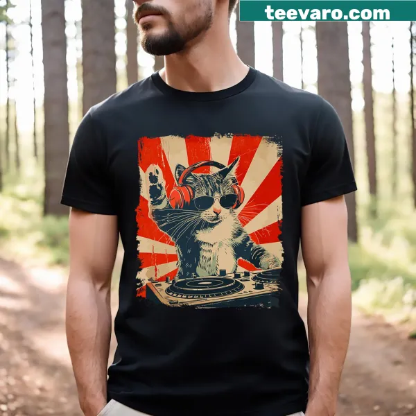 Cartoon DJ cat wearing headphones with music notes