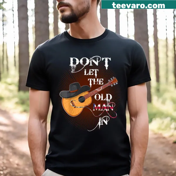 Vintage guitar-themed t-shirt with the phrase 'Don't Let The Old Man In.'