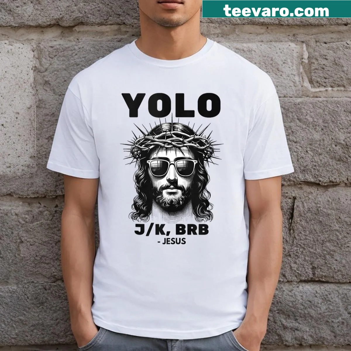 Funny Easter t-shirt featuring playful Christian phrases — on a men's t-shirt