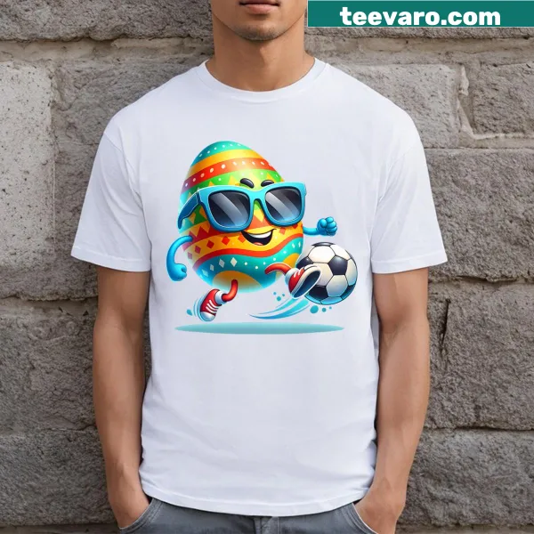 Soccer-themed Easter T-shirt with eggs designed as soccer balls