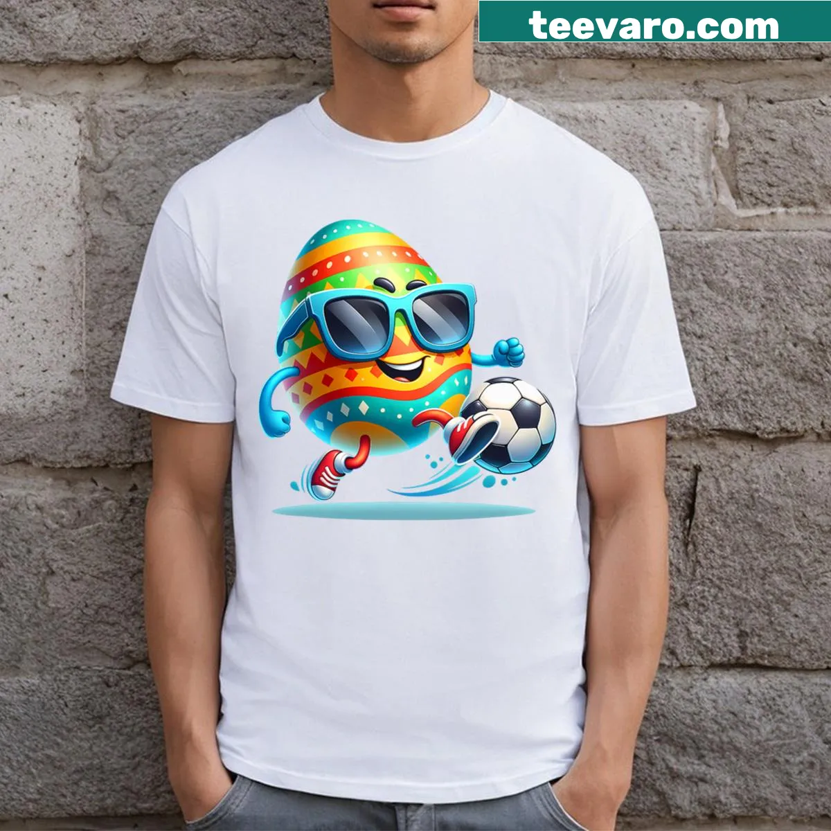 Soccer-themed Easter T-shirt with eggs designed as soccer balls — on a men's t-shirt