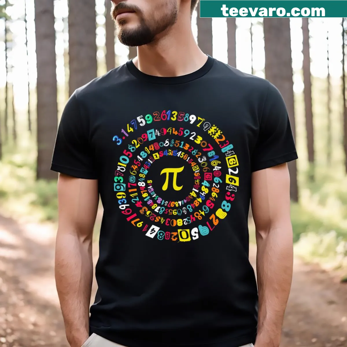Funny Pi Day shirt with spiral design and Pi symbol — on a men's t-shirt