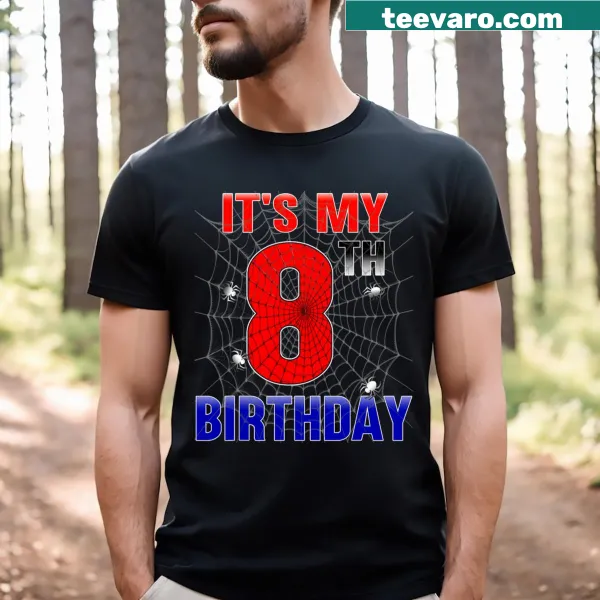 Birthday t-shirt featuring a spider web design for 8-year-olds