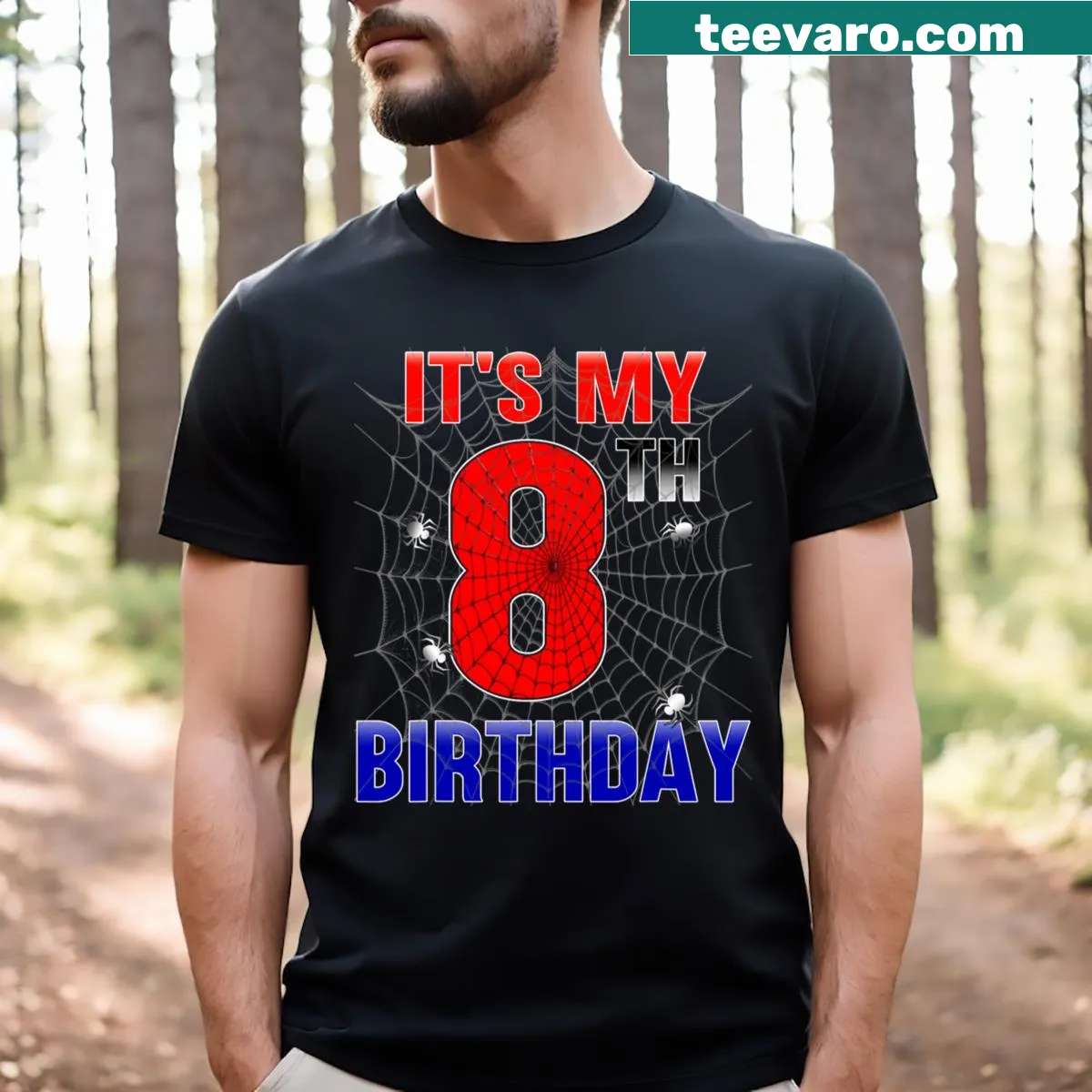Birthday t-shirt featuring a spider web design for 8-year-olds — on a men's t-shirt