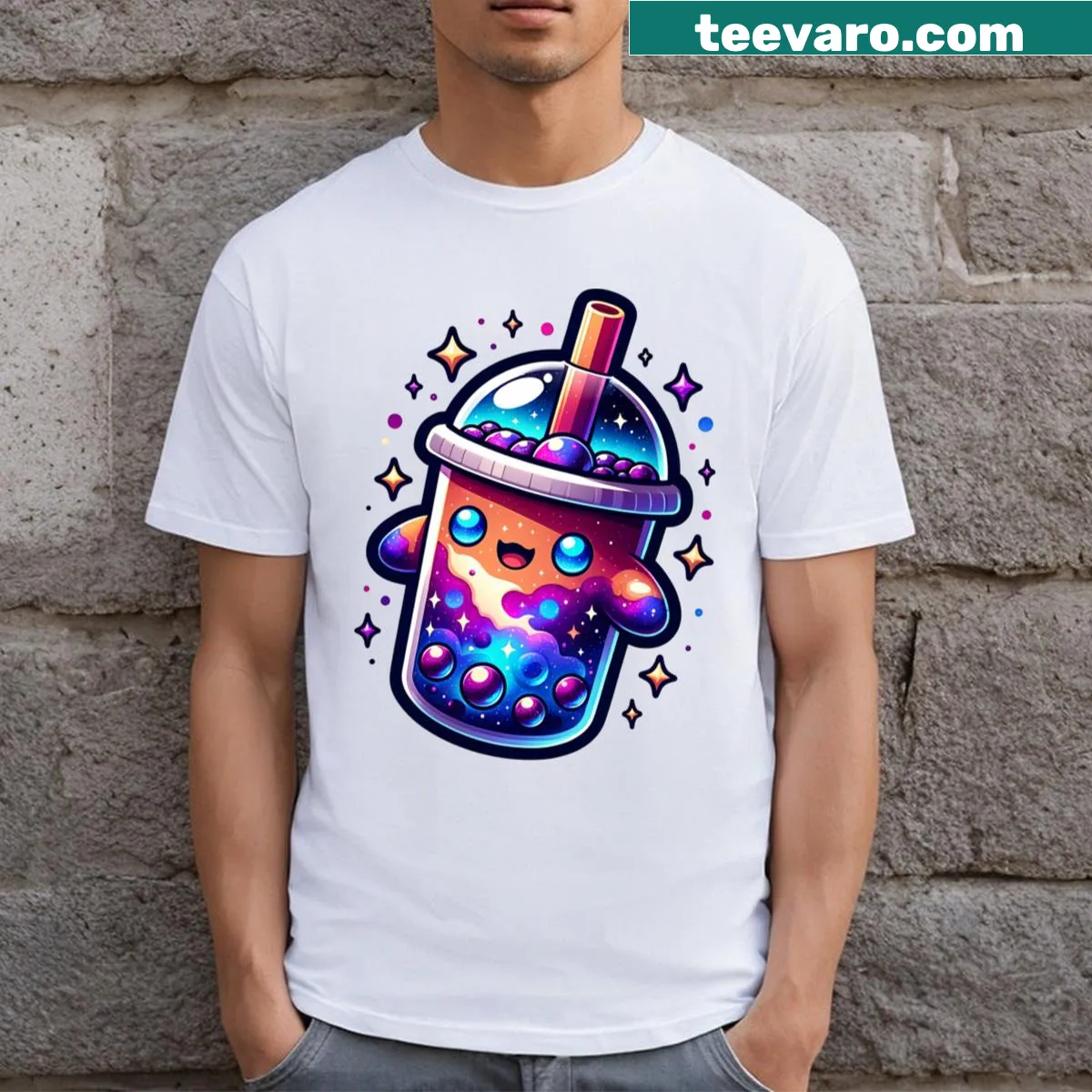 Cute boba tea illustration on a galaxy-covered tee for teens — on a men's t-shirt